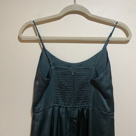 Abercrombie & Fitch Size S Small Dark Green Satin Ruched Slip Dress Side Slit - Picture 10 of 11